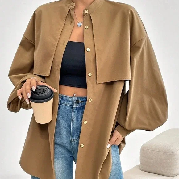 Casual Women's Lantern long Sleeve button down Blouse Tan - Picture 3 of 6